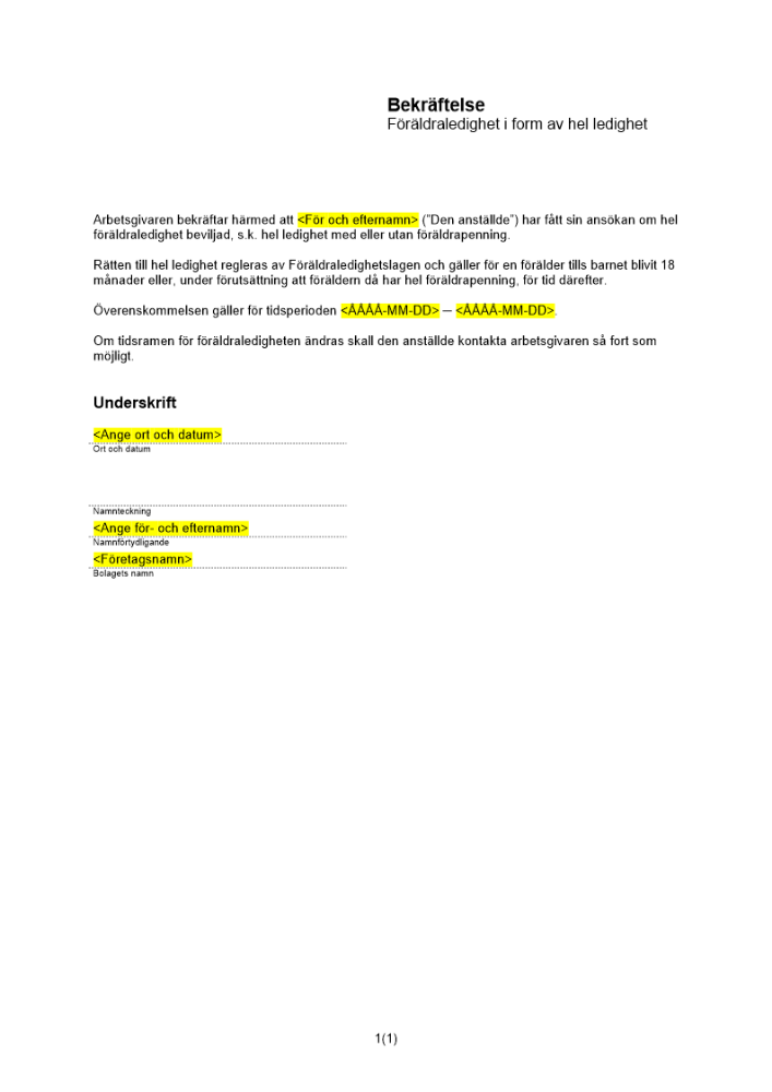 Bekräftelse av hel föräldraledighet