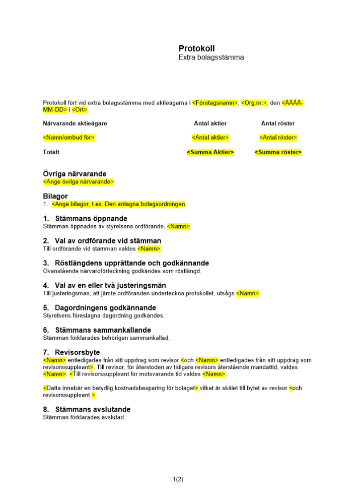 Protokoll extra bolagsstämma revisorsbyte