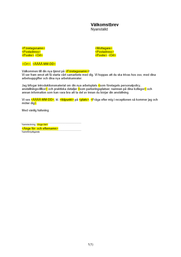 Välkomstbrev nyanställd