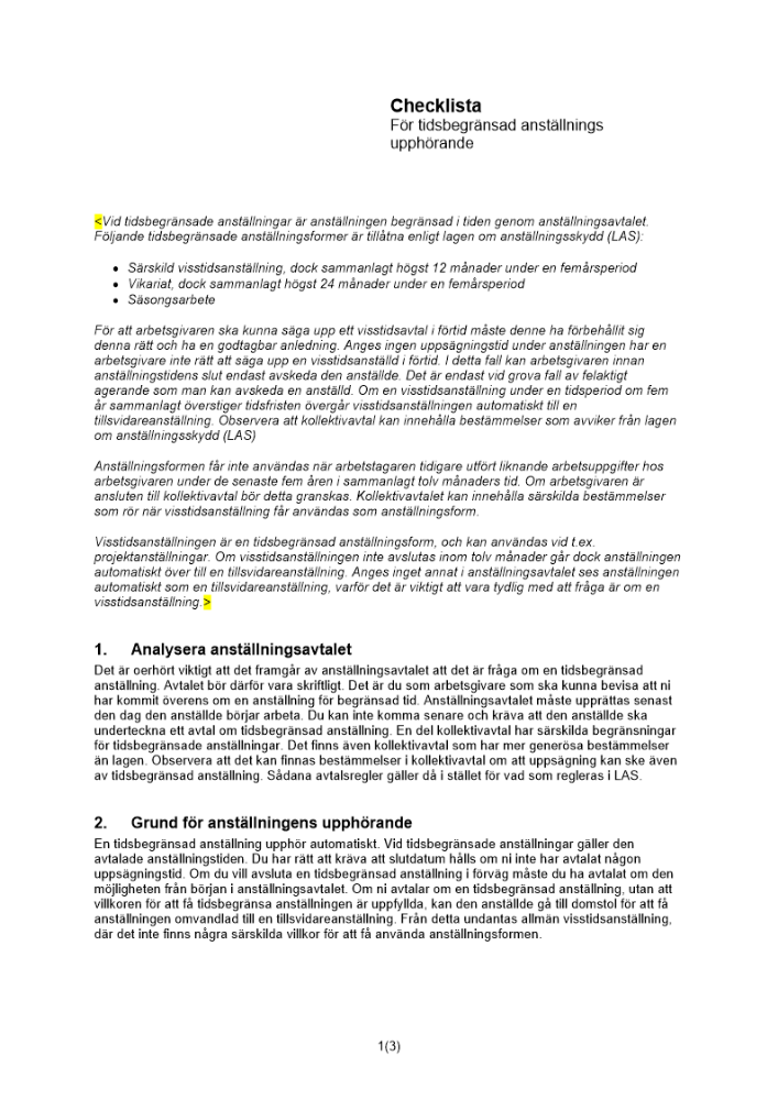 Checklista tidsbegränsad anställnings upphörande