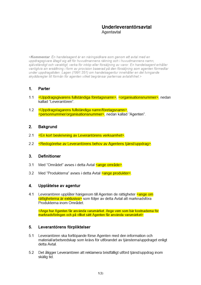 Agentavtal - Underleverantörsavtal