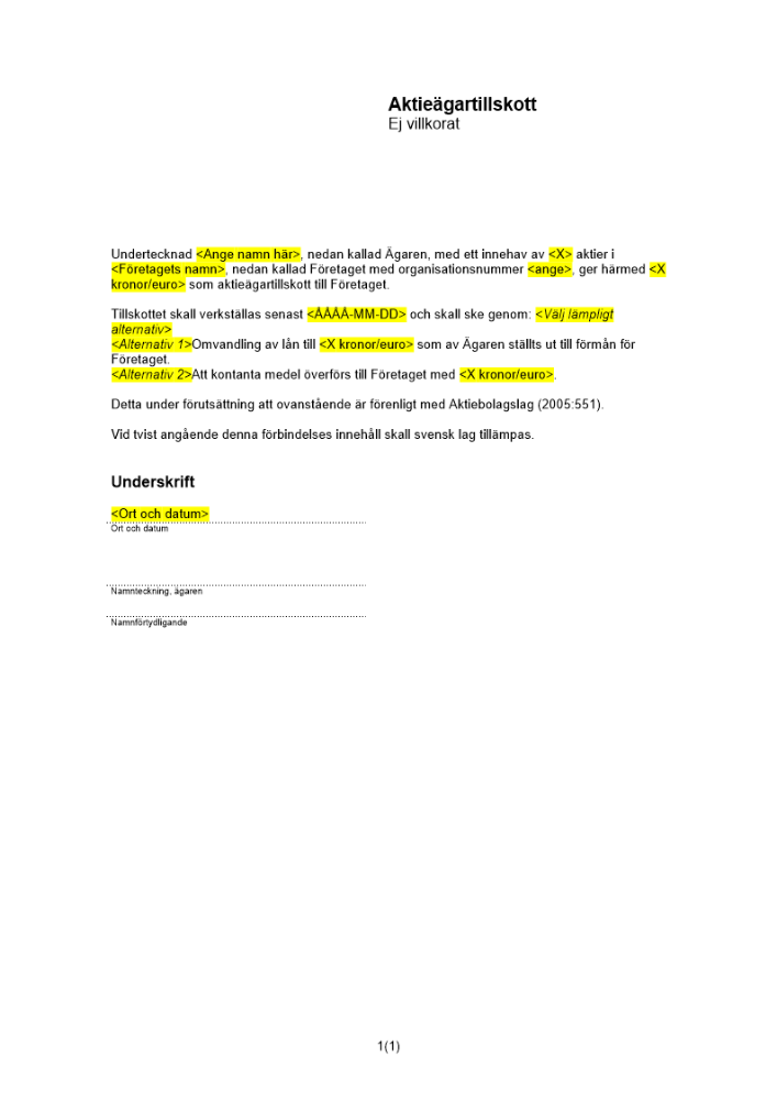 Aktieägartillskott - Ej villkorat