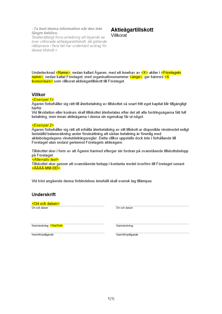 Aktieägartillskott - Villkorat