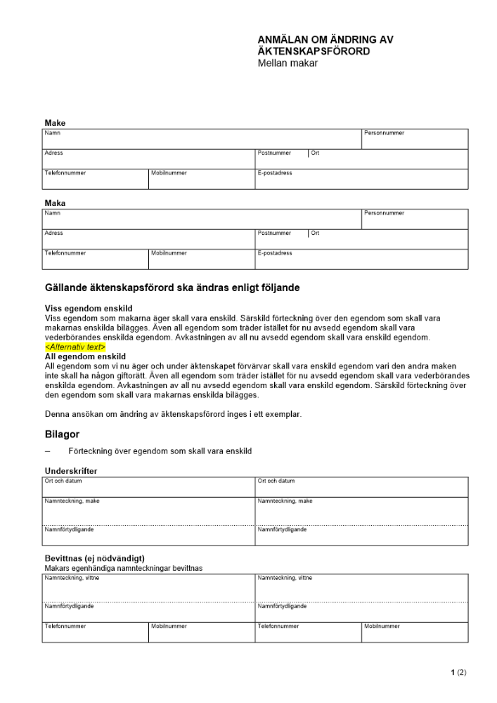 Anmälan om ändring av äktenskapsförord