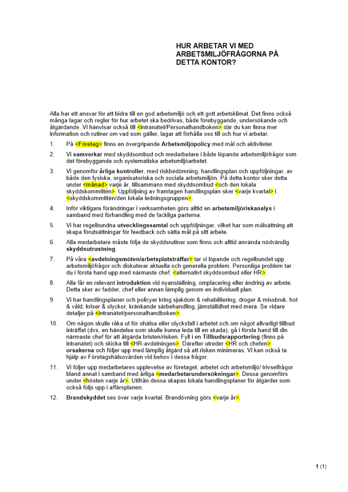 Anslag om arbetsmiljörutin på arbetsplatsen