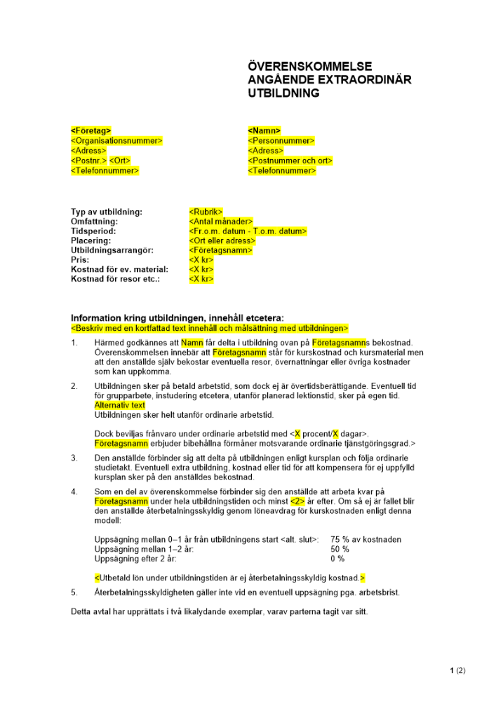 Anställningsavtal bilaga - Extraordinär utbildning