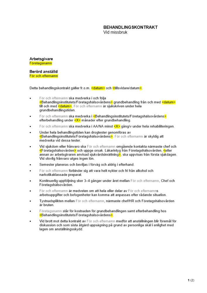 Behandlingskontrakt vid missbruk