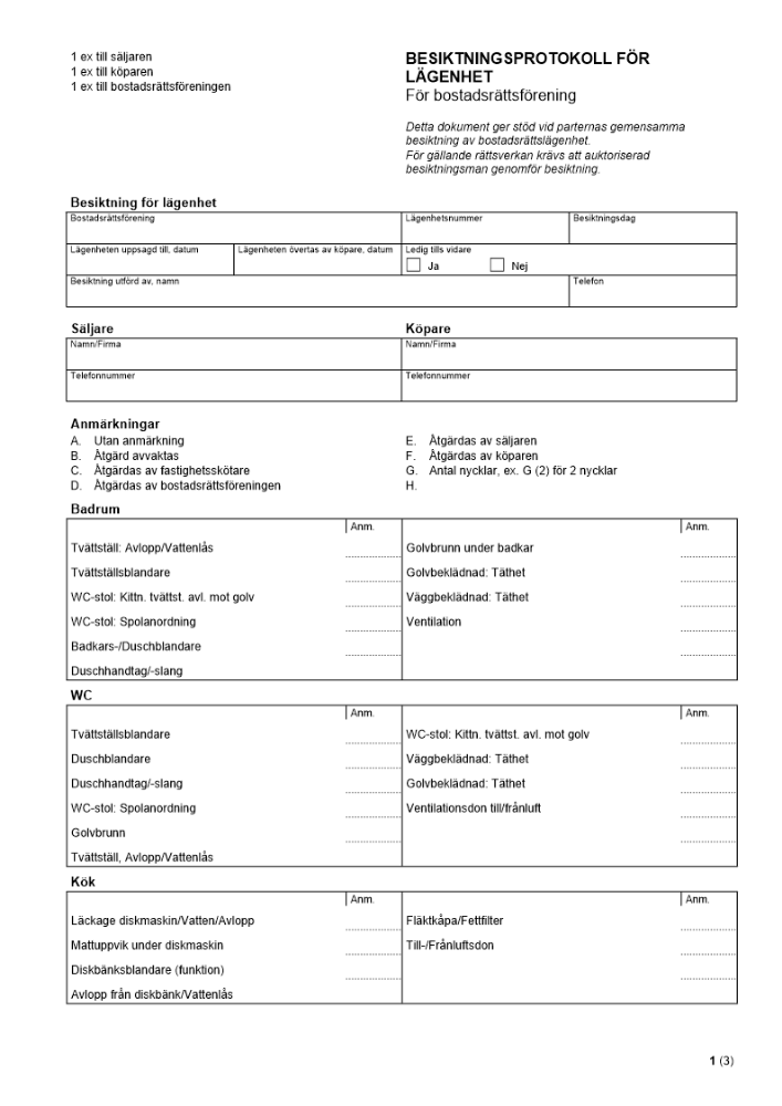 Besiktningsprotokoll för lägenhet - För Brf