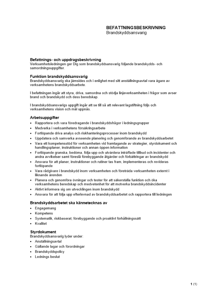 Befattningsbeskrivning - Brandskyddsansvarig