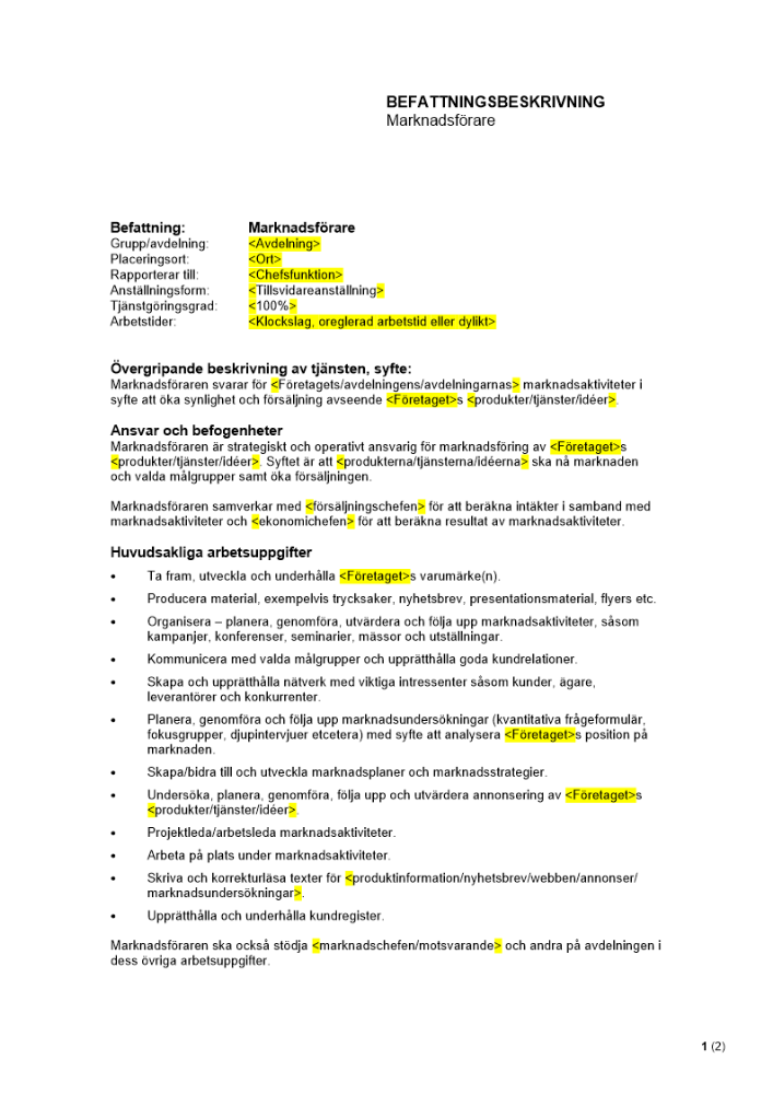Befattningsbeskrivning - Marknadsförare