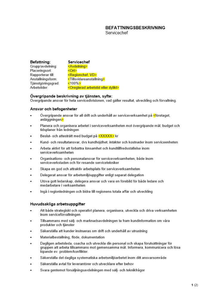 Befattningsbeskrivning - Servicechef