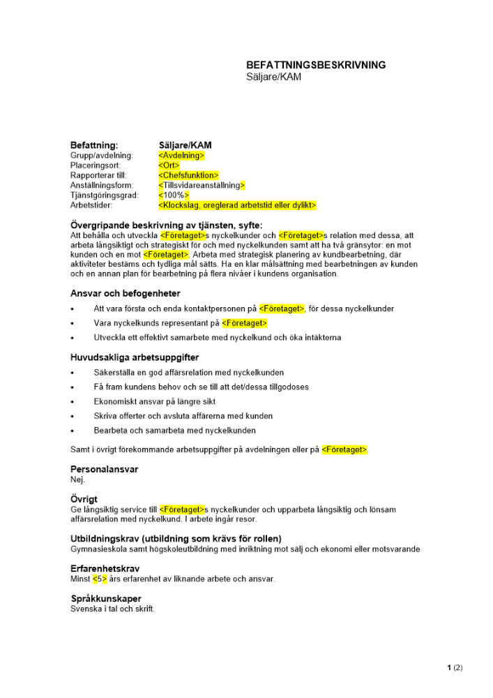 Befattningsbeskrivning - Säljare-KAM
