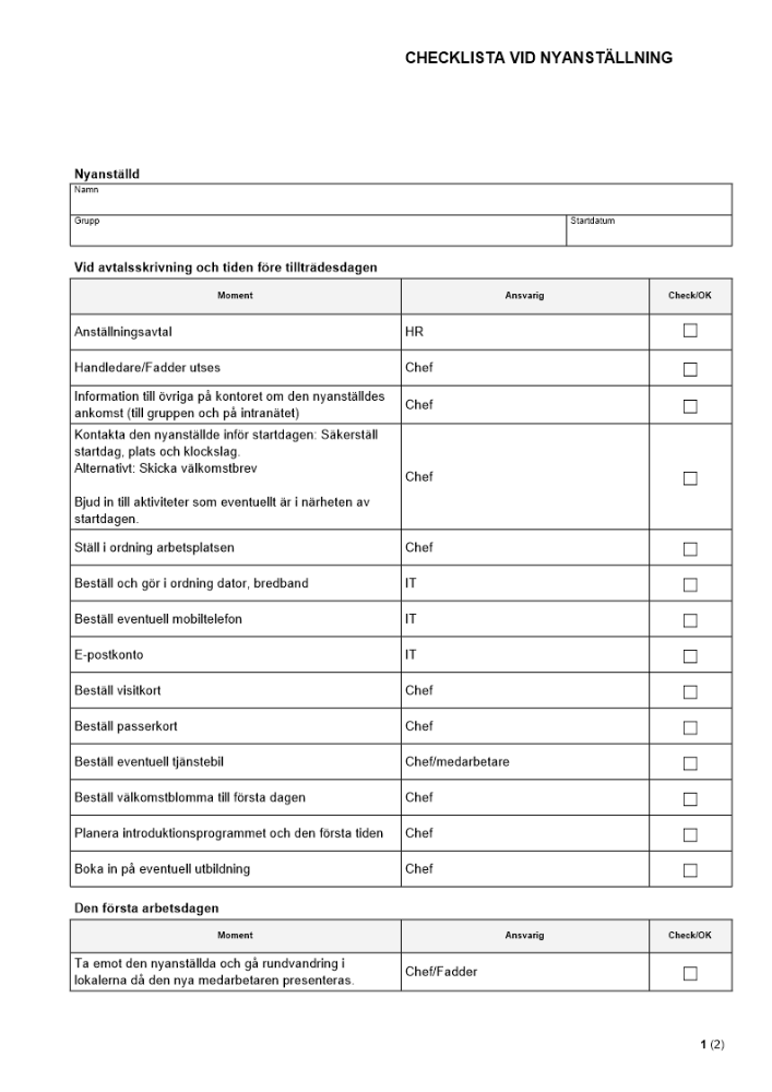 Checklista vid nyanställning