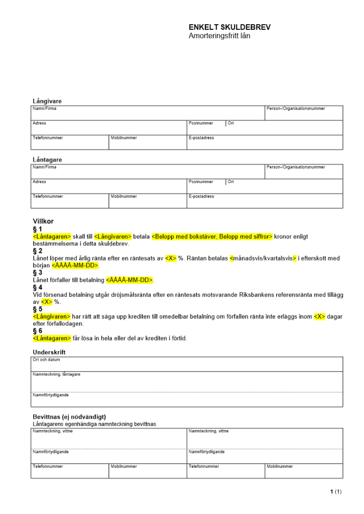 Enkelt skuldebrev - Amorteringsfritt lån