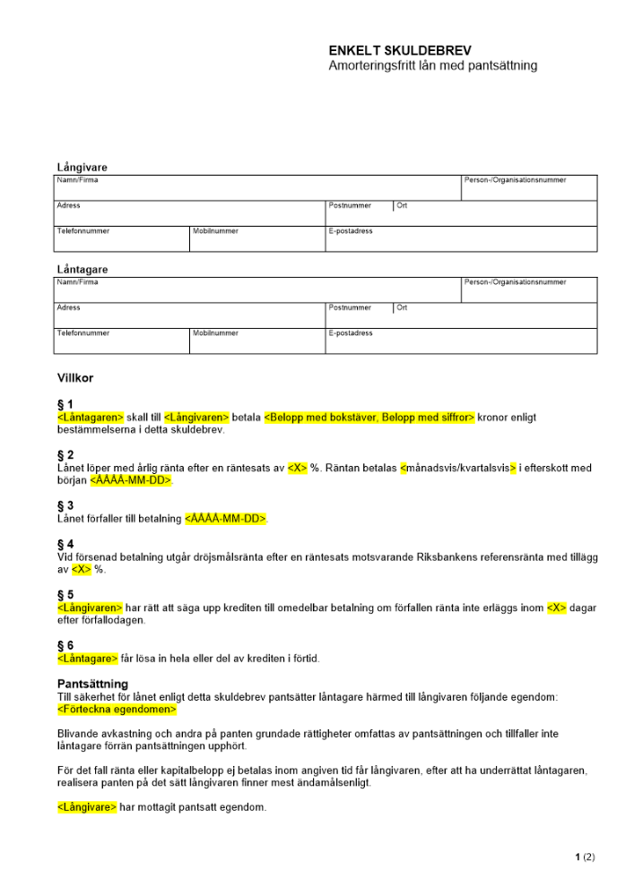 Enkelt skuldebrev - Amorteringsfritt lån med pantsättning