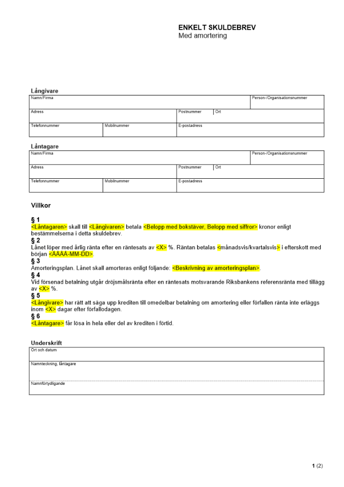 Enkelt skuldebrev - Med amortering