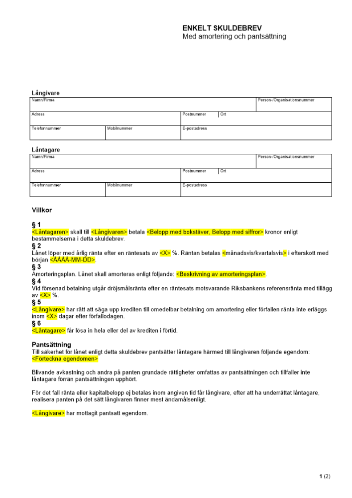 Enkelt skuldebrev - Med amortering och pantsättning