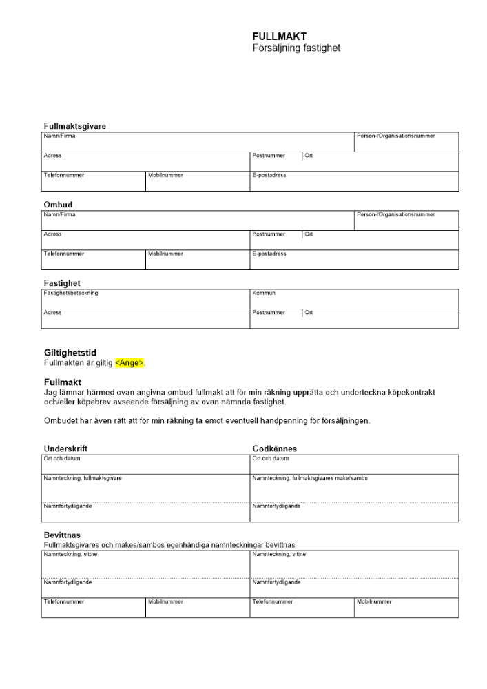 Fullmakt - Försäljning fastighet