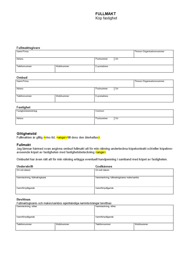 Fullmakt - Köp fastighet