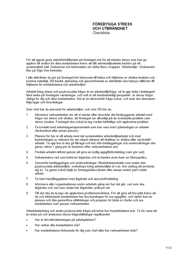 Förebygga stress och utbrändhet - Checklista