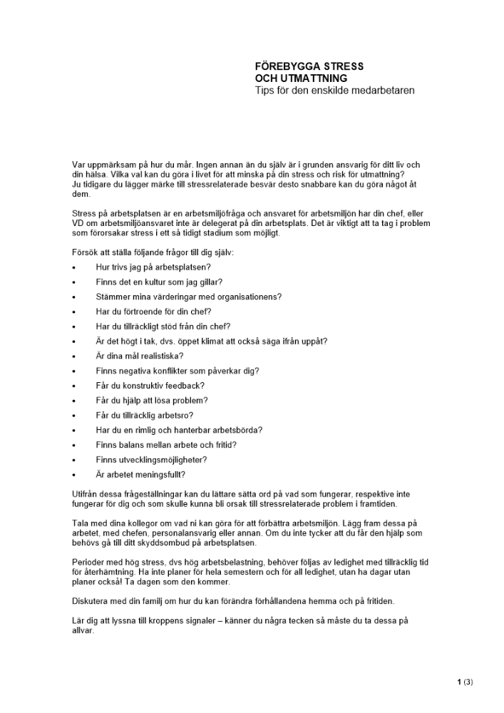 Förebygga stress och utmattning - Tips för den enskilde medarbetaren