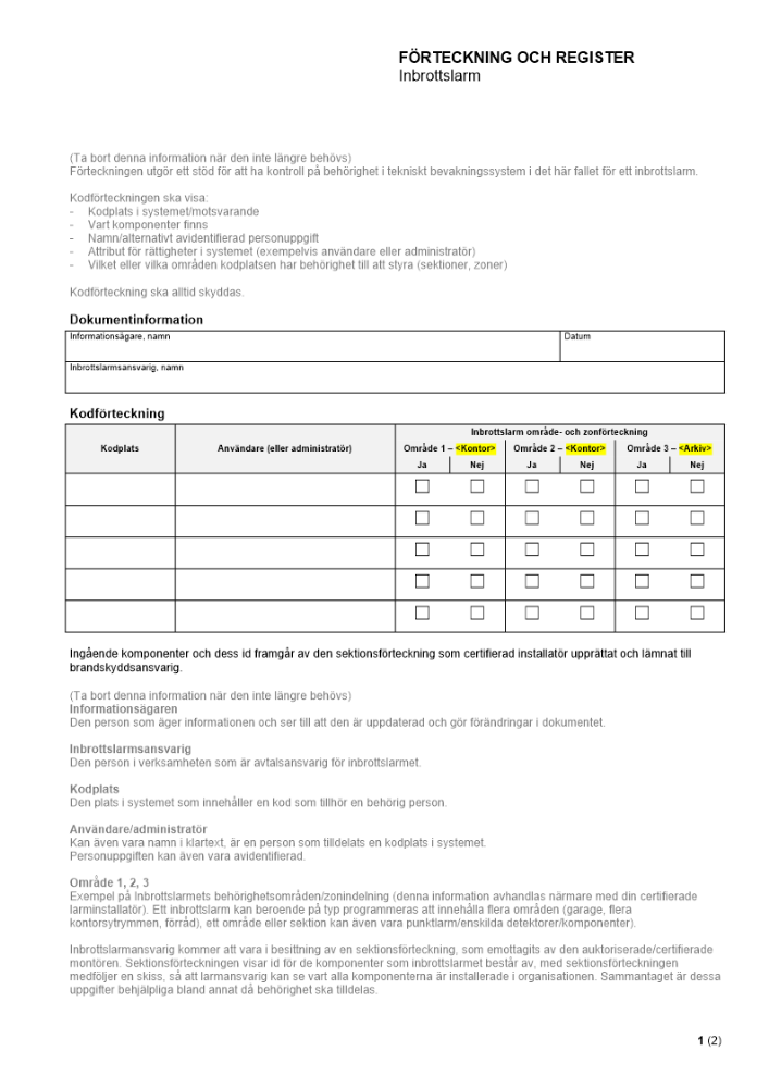 Förteckning och register - Inbrottslarm