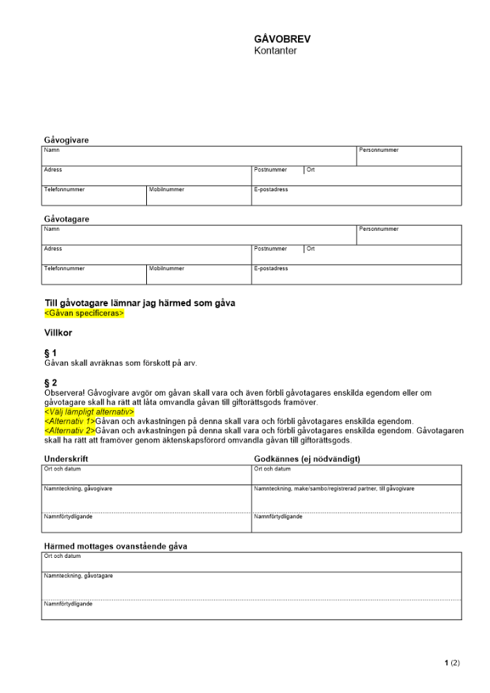 Gåvobrev - Kontanter