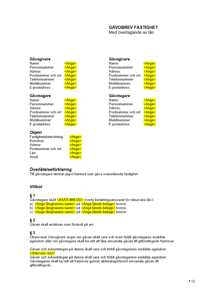 Gåvobrev fastighet - Med övertagande av lån (mall)
