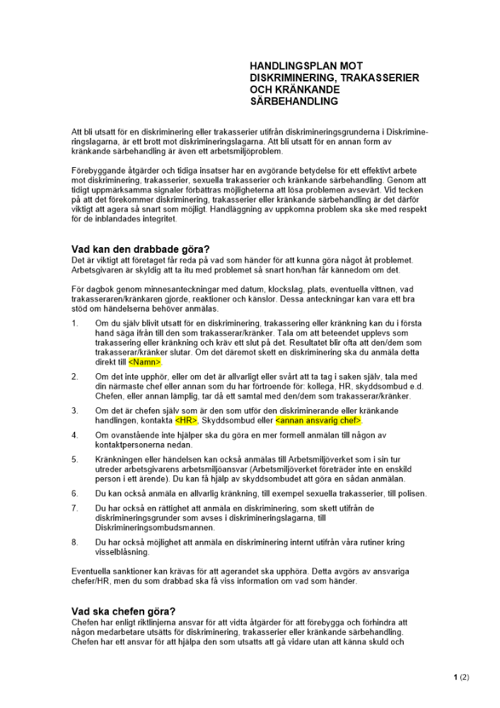 Handlingsplan mot diskriminering, trakasserier och kränkande särbehandling