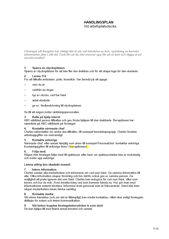 Krishantering - Handlingsplan vid arbetsplatsolycka