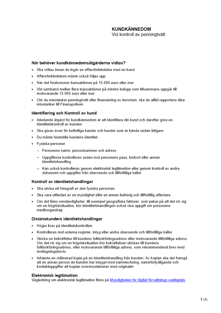 Kundkännedom avseende penningtvätt
