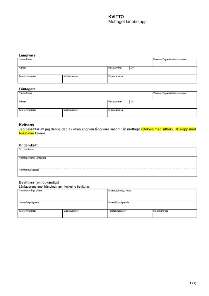 Kvitto - Mottaget lånebelopp