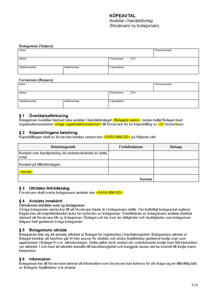 Köpeavtal - Andelar i handelsbolag (förvärvare ny bolagsman)