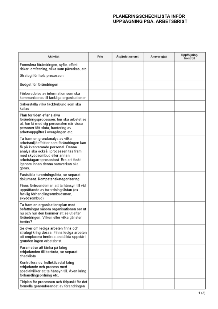 Planeringschecklista inför uppsägning pga. arbetsbrist