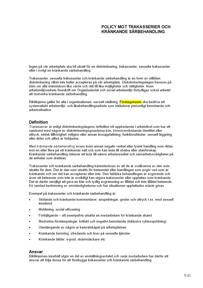 Policy mot diskriminering, trakasserier och kränkande särbehandling