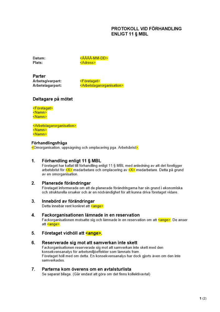 Protokoll vid förhandling enligt 11 § MBL