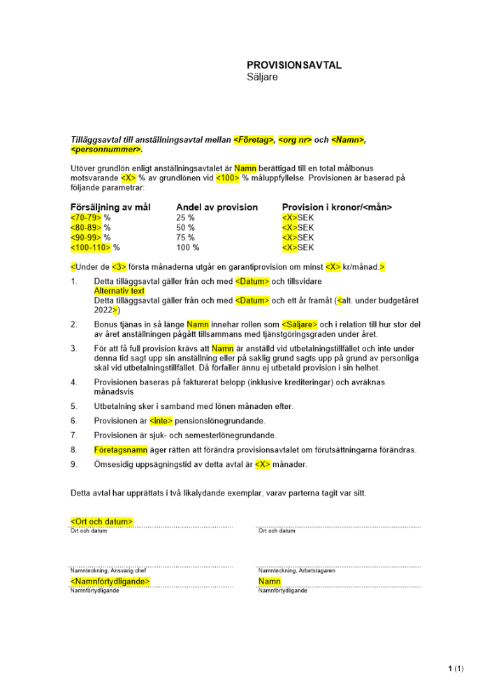 Provisionsavtal, säljare