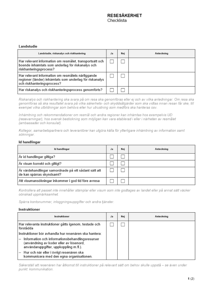 Resesäkerhet - Checklista