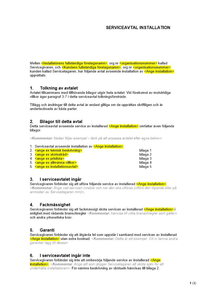 Serviceavtal avseende installation