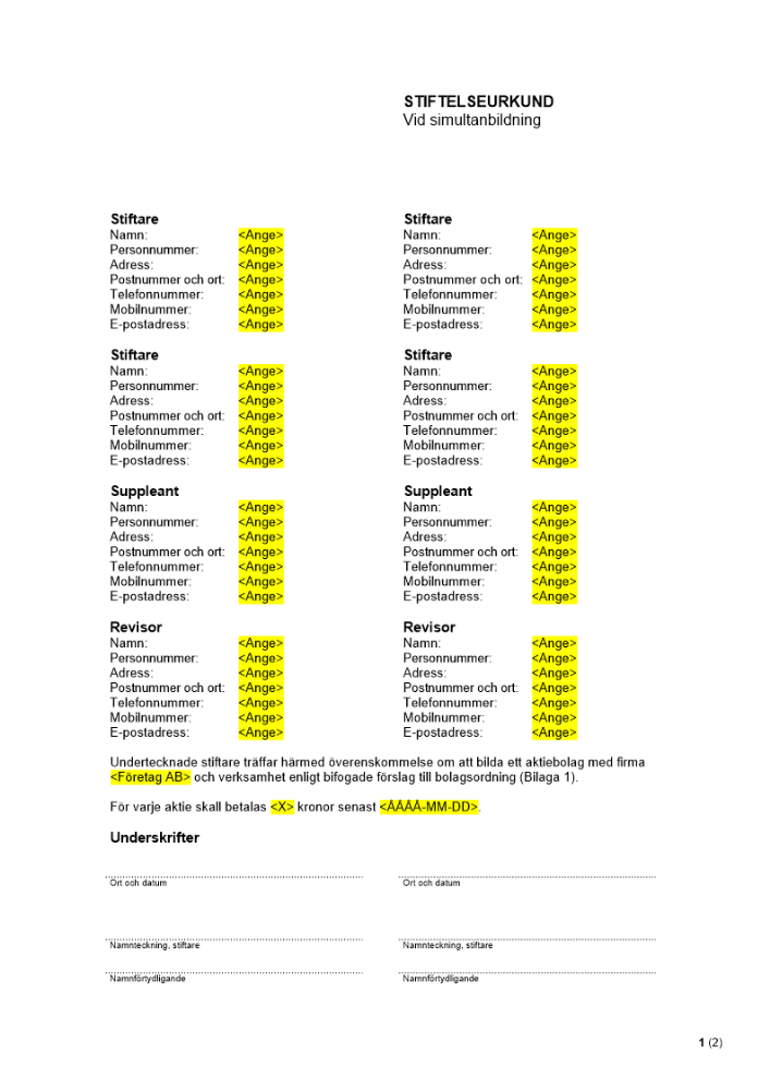 Stiftelseurkund - Vid simultanbildning (mall)