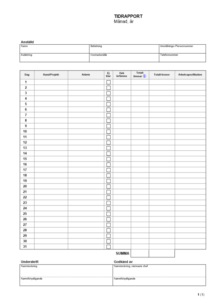 Tidrapportering - Kalendermånad