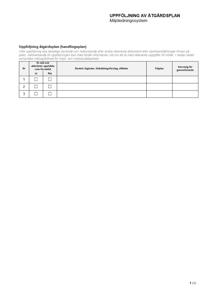 Uppföljning av åtgärdsplan (handlingsplan) - Miljöledningssystem