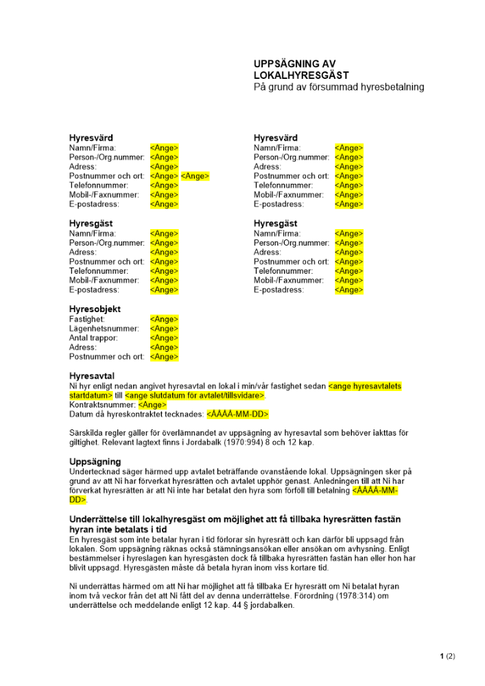 Uppsägning av lokalhyresgäst (pga försummad hyresbetalning)