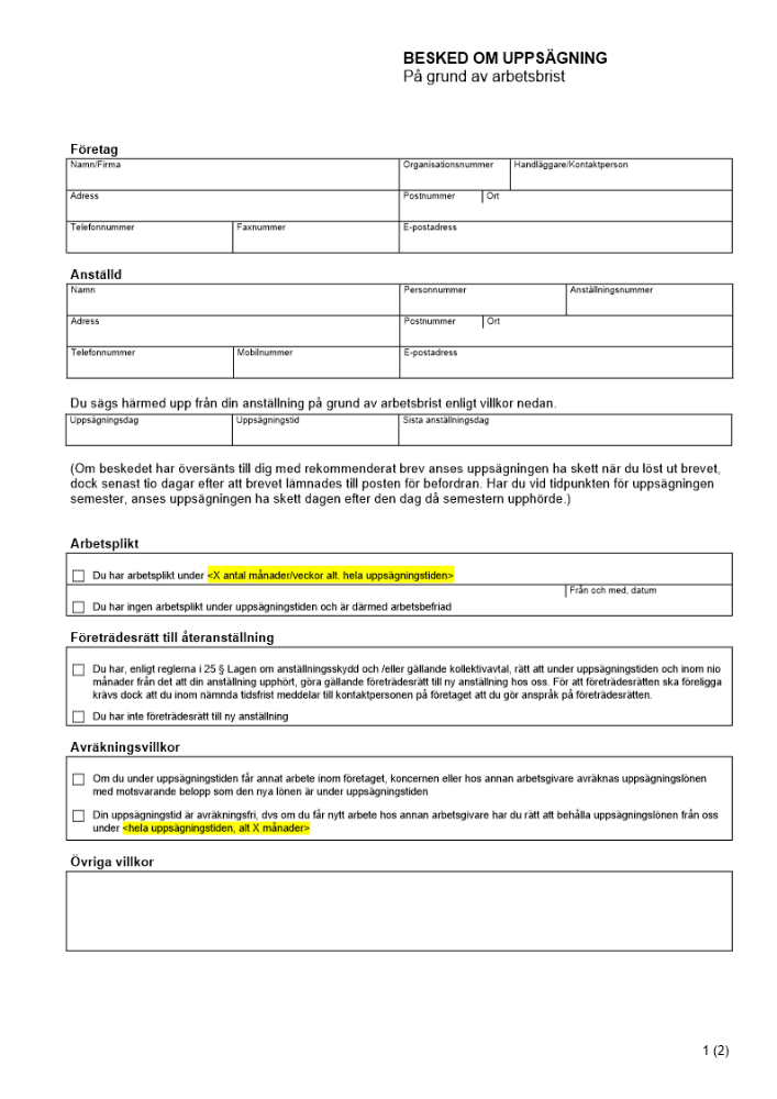 Uppsägning pga. arbetsbrist