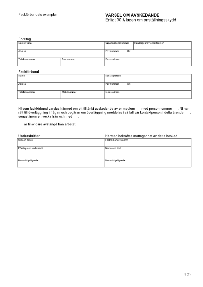 Varsel till facket om avskedande