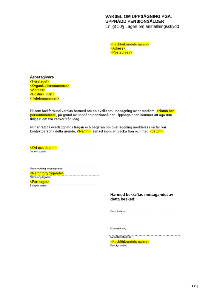 Varsel till facket om uppsägning pga. uppnådd LAS-ålder