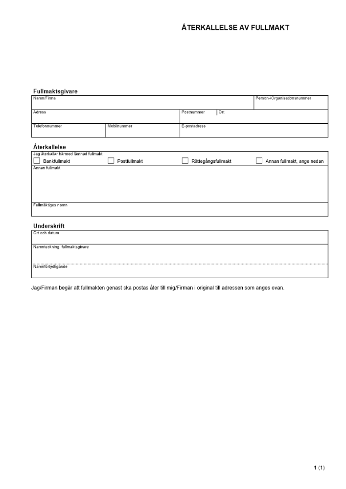 Återkallelse av Fullmakt