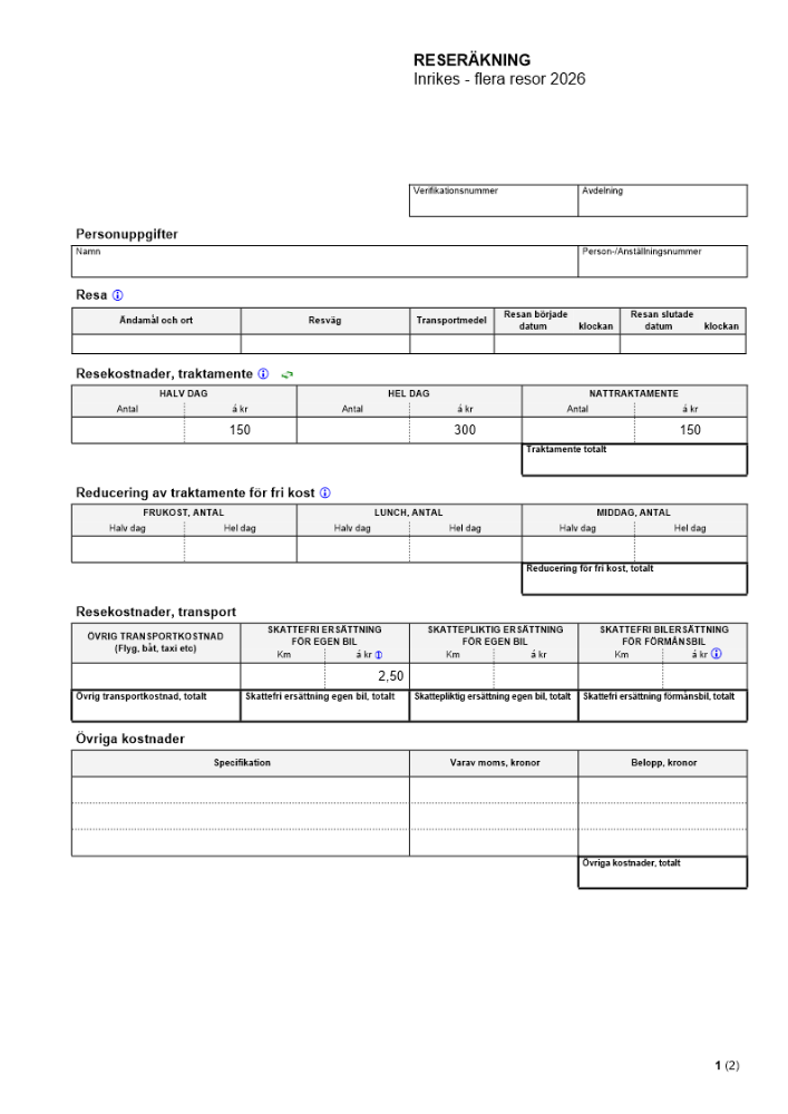 Reseräkning inrikes flera resor 2026