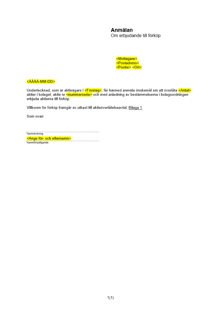 Anmälan av aktieägare om erbjudande till förköp