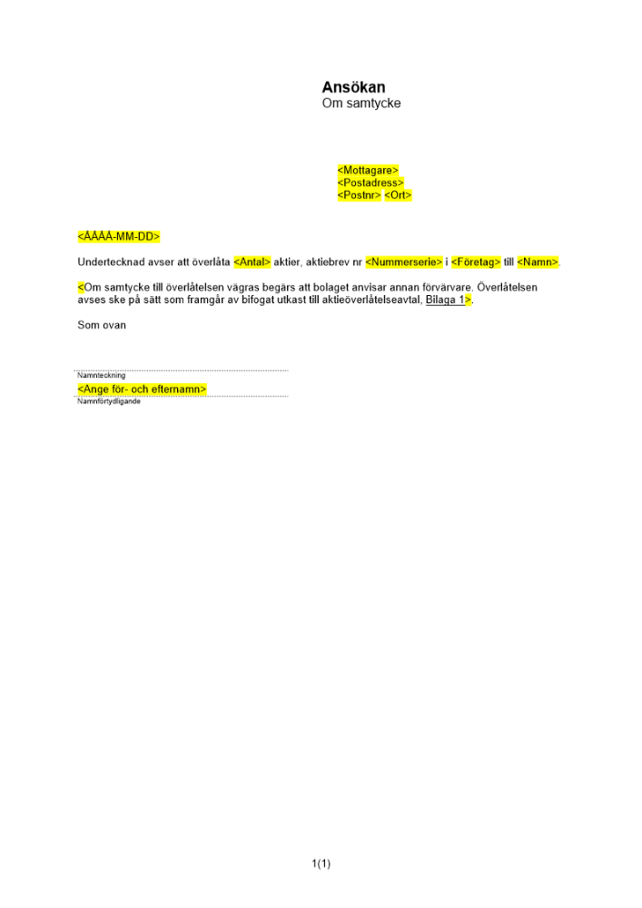Ansökan om samtycke - aktieöverlåtelse